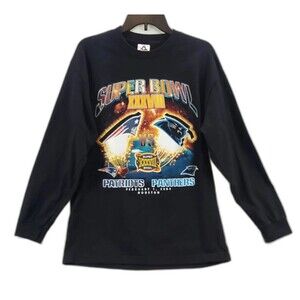 Vintage Patriots vs Panthers 2004 NFL Super Bowl  Black T Shirt Size Large Logo